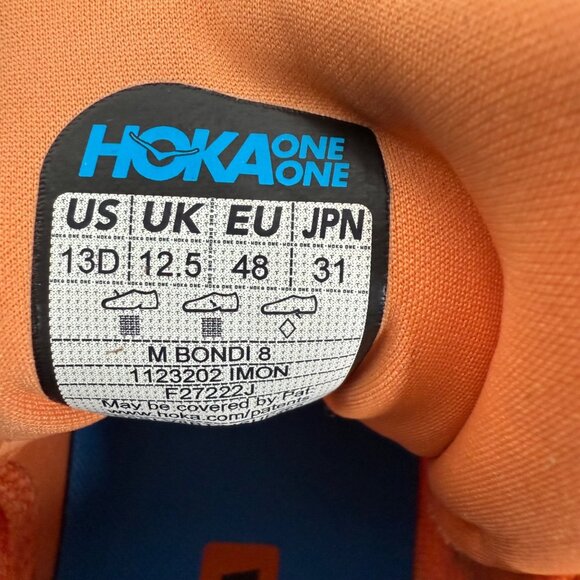 Hoka One Men's Bondi 8 Running Sneaker Shoes 13D  Orange Athleisure Comfort - Picture 6 of 14